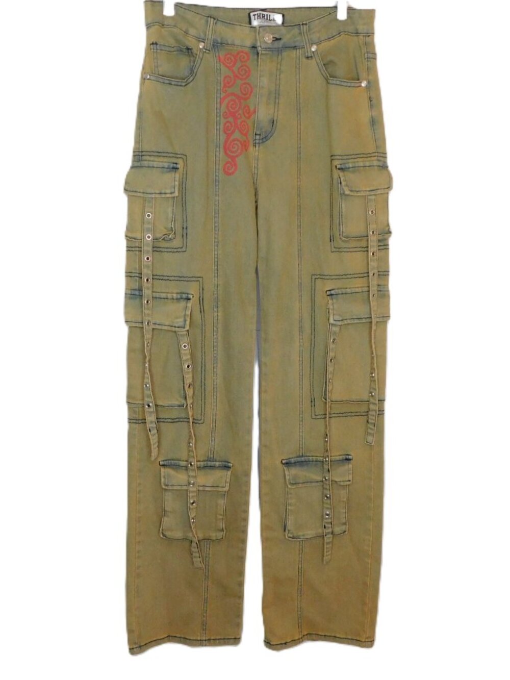 Thrill Denim Y2K Cargo Retro High Waist Jeans | Utility | Tan/Blue | EUC | 7